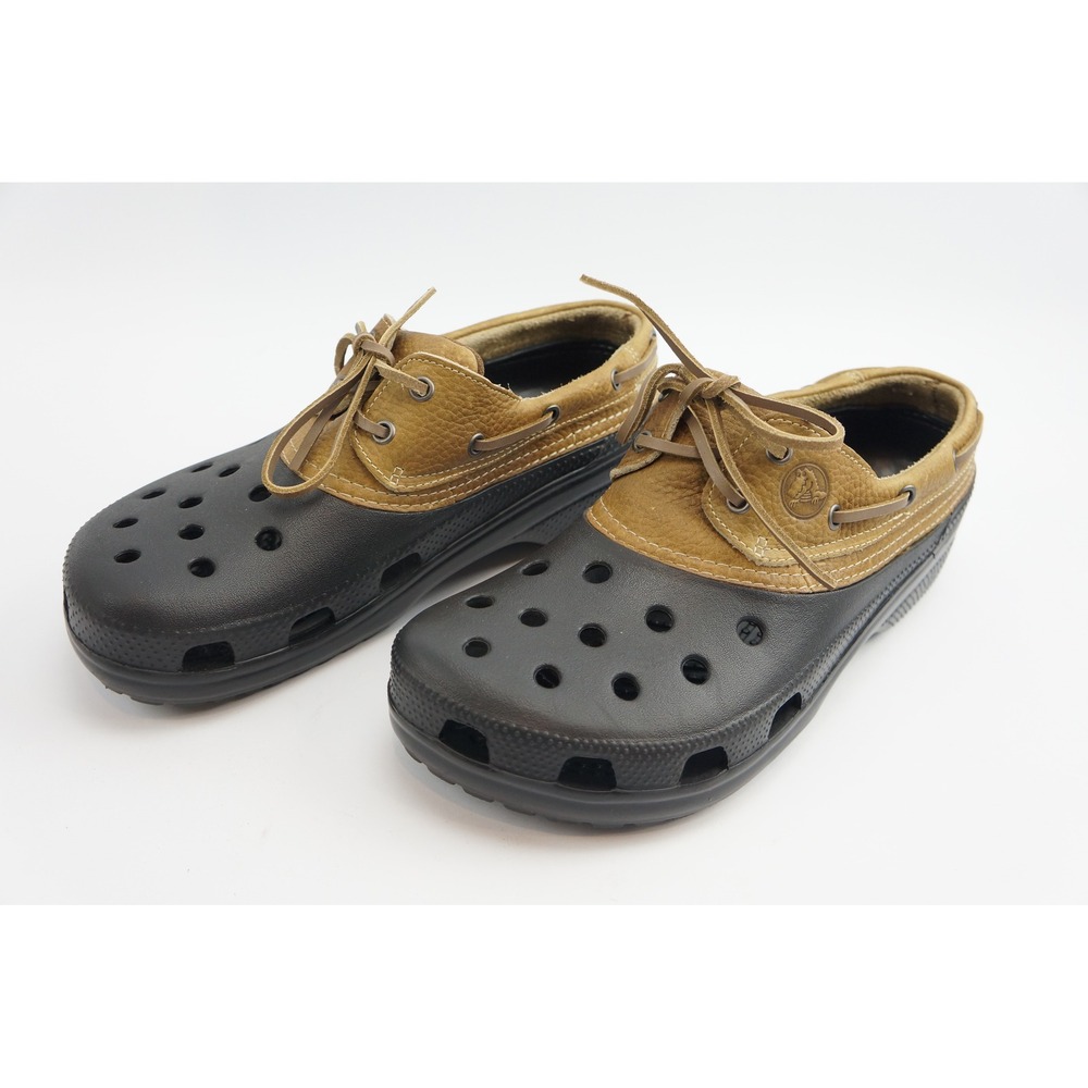 Crocs Boat Shoes Mens 11 Black Tan Leather Pitcrew Slip On Islander Loafers EUC